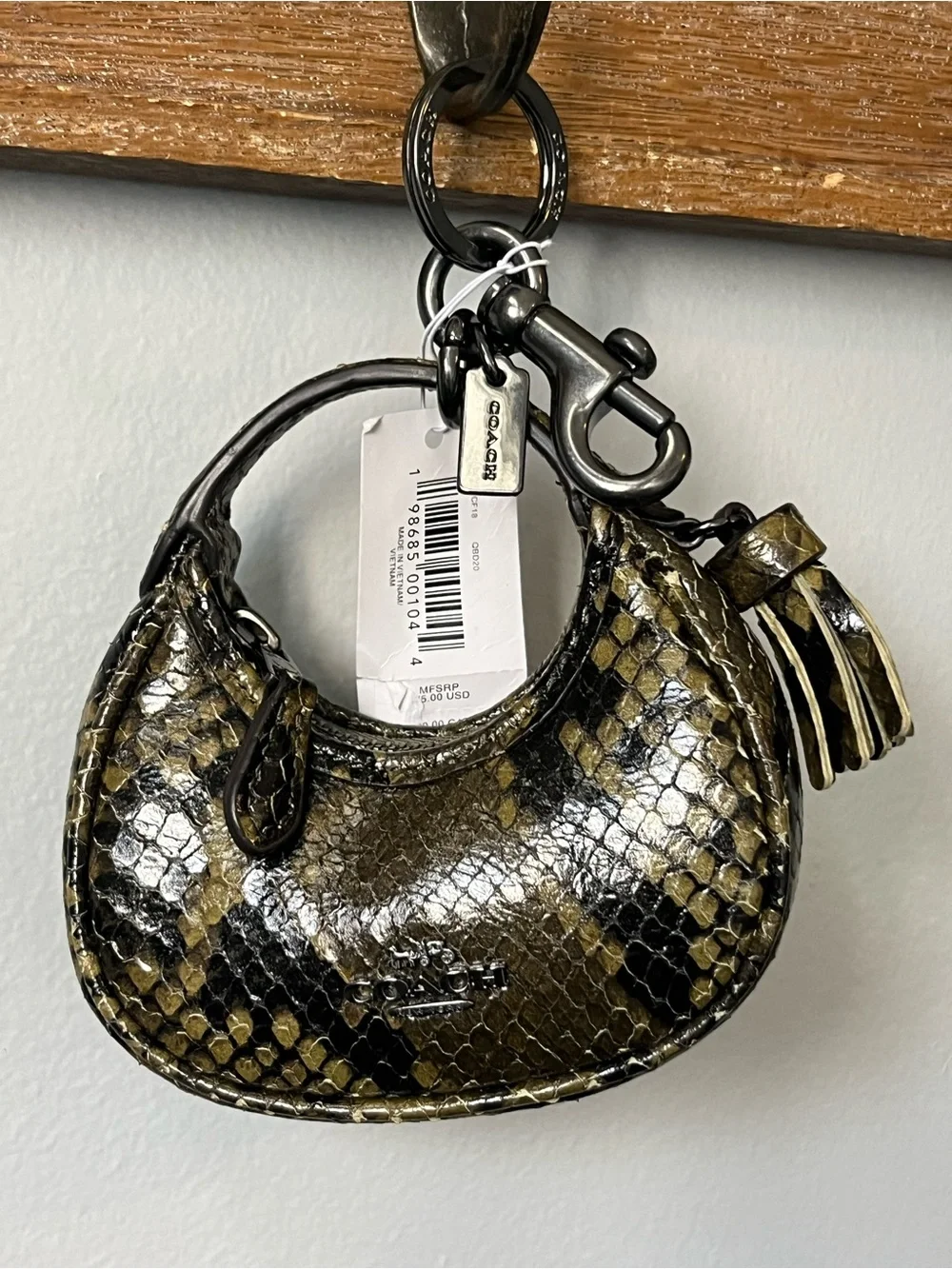 Coach Mini Carmen Bag Purse Charm w/ Snake Print Gunmetal Olive Green CCF18 NWT